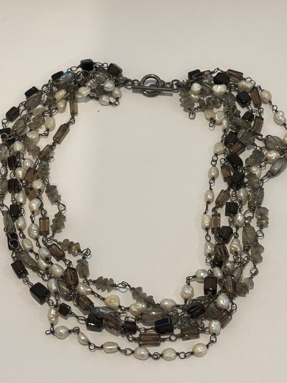 Vintage Sterling Silver Beaded Necklace Moonstone Freshwater Pearls Smoky Quartz